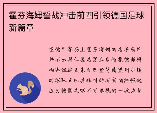 霍芬海姆誓战冲击前四引领德国足球新篇章